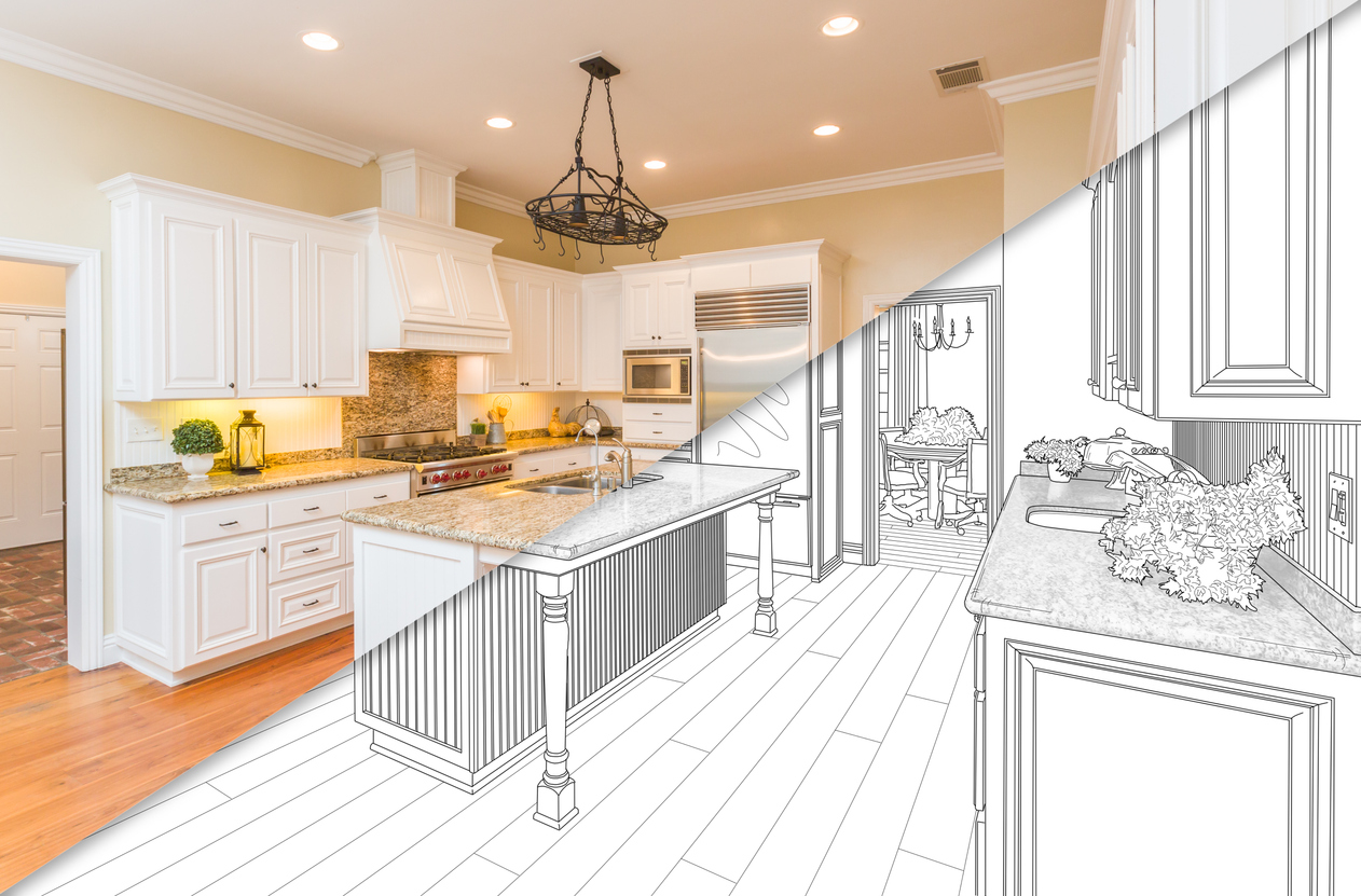 Diagonal Split Screen Of Drawing and Photo of Beautiful New Kitchen.